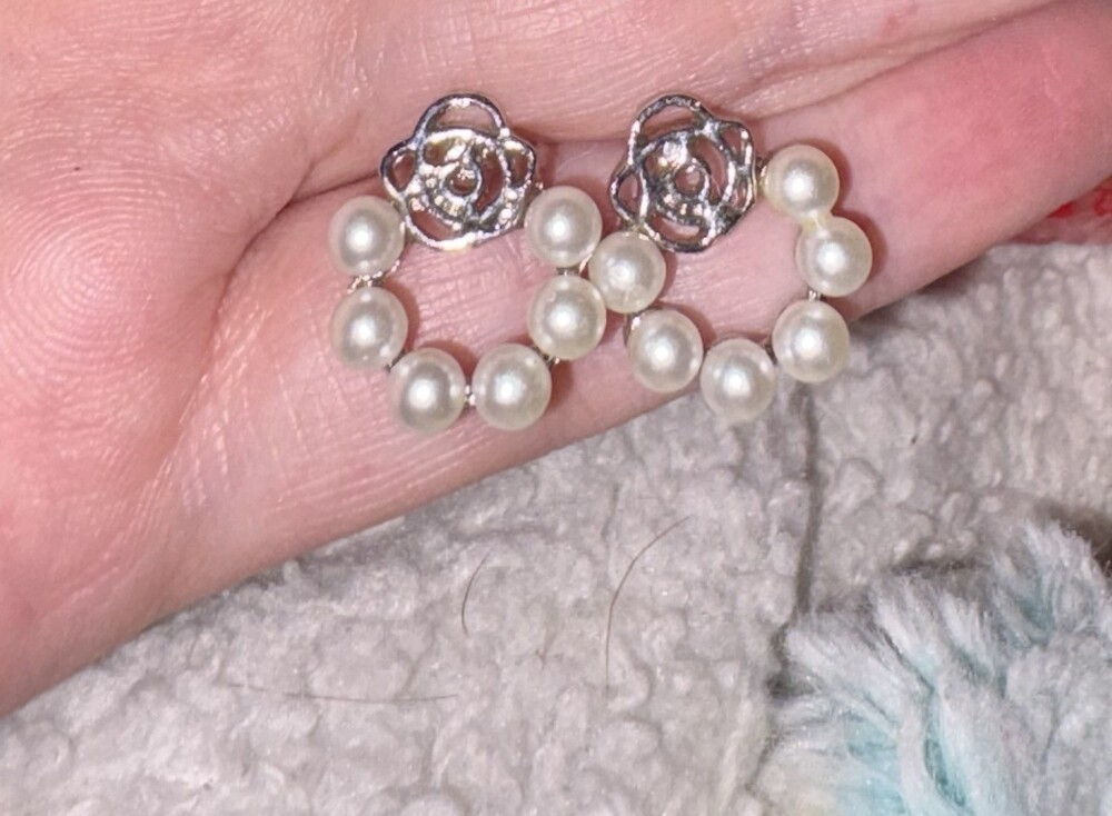 Silver Tone Rose Stud Earrings Cream Faux Pearl Cluster Dangle Floral
